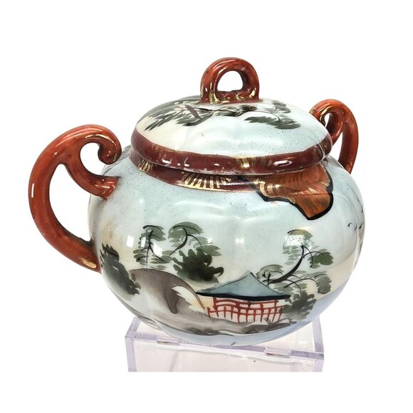 Vintage Japanese Sugar Bowl Hand-Painted Porcelain Lidded With Handles JE322 - Picture 4 of 8